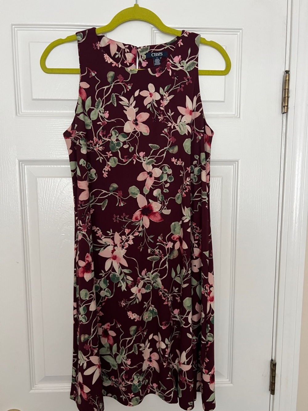 Chaps Burgundy Floral Midi Dress with Pink & Green Accents